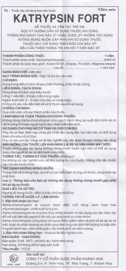 Viên nén Katrypsin Fort 8400IU Khapharco điều trị phù nề sau chấn thương, sau mổ (10 vỉ x 10 viên)