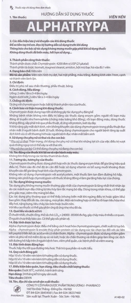 Thuốc Alphatrypa 4200 I.U Pharbaco điều rị phù nề sai chấn thương, phẫu thuật (5 vỉ x 10 viên)
