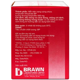 Thuốc Ampicillin Capsules BP 500mg Brawn điều trị nhiễm khuẩn (10 vỉ x 10 viên)