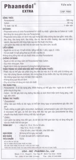 Viên nén Phaanedol Extra Usa - Nic Pharma giảm nhức đầu, đau răng, đau bụng kinh (180 viên)