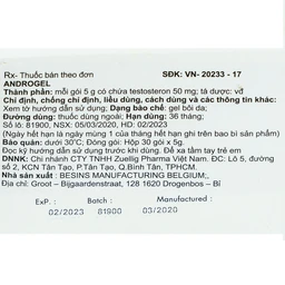 Gel bôi da Androgel 50mg/5g Besins hỗ trợ điều trị thiểu năng tuyến sinh dục nam giới (30 gói x 5g)