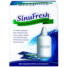 Muối rửa mũi xoang Sinufresh Cát Linh (30 gói và 1 chai 180ml) giúp làm sạch, giảm ngạt mũi, sổ mũi