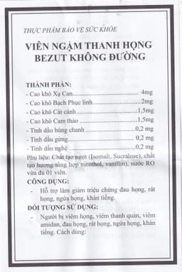 Viên ngậm thanh họng Bezut không đường hỗ trợ làm giảm triệu chứng đau họng, rát họng (5 vỉ x 4 viên x 2g) 7