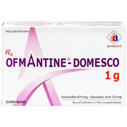 Thuốc Ofmantine - Domesco 1g điều trị nhiễm khuẩn đường hô hấp, viêm amidan (2 vỉ x 7 viên)