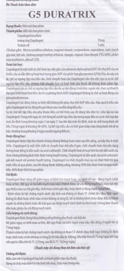 Thuốc G5 Duratrix Hà Tây giảm nguy cơ nhồi máu cơ tim, đột quỵ, tai biến mạch máu não (5 túi x 10 vỉ x 10 viên)