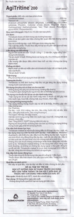 Thuốc Agitritine 200 Agimexpharm điều trị đau do co thắt dạ dày, hội chứng ruột kích thích (5 vỉ x 10 viên)