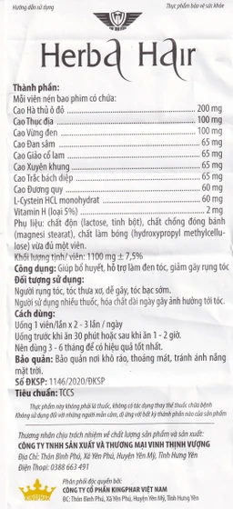 Viên uống hỗ trợ làm đen tóc, giảm gãy rụng Herba Hair Kingphar (60 viên)