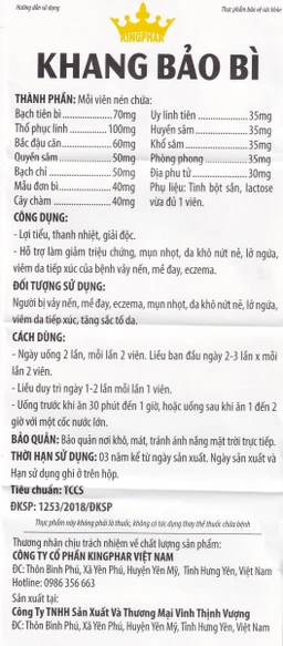 Viên uống hỗ trợ giảm mụn nhọt, da khô, nứt nẻ, lở ngứa của bệnh vảy nến Khang Bảo Bì Kingphar (60 viên)