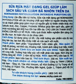 Sữa rửa mặt dạng gel giúp làm sạch sâu và giảm bã nhờn trên da Vichy Normaderm Phytosolution Intensive Purifying Gel (200ml)