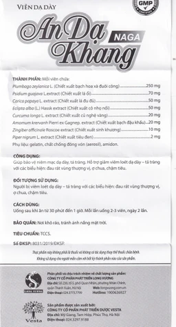 Viên uống giúp giảm viêm loét dạ dày, tá tràng An Dạ Khang Naga Vesta (3 vỉ x 10 viên)