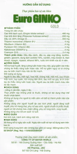 Viên uống hỗ trợ hoạt huyết, tăng cường tuần hoàn máu não Euro Ginko Gold HD Pharma (100 viên)