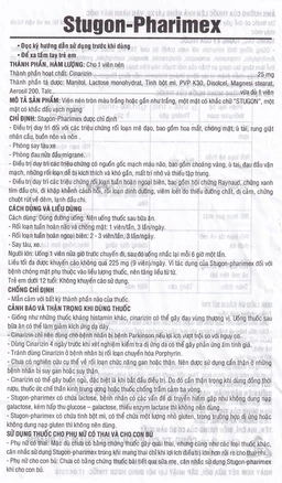 Thuốc Stugon-Pharimex TV.Pharm điều trị triệu chứng hoa mắt, chóng mặt, ù tai (10 vỉ x 25 viên)