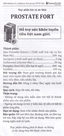Viên uống hỗ trợ sức khỏe tuyến tiền liệt nam giới Prostate Fort Vitamins For Life (30 viên)