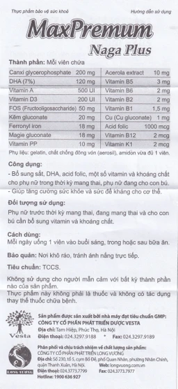 Viên uống bổ sung sắt, DHA, acid folic cho phụ nữ có thai và cho con bú MaxPremum Naga Plus Vesta (30 viên)