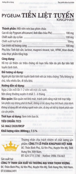 Viên uống hỗ trợ cho người phì đại tiền liệt tuyến Pygeum Tiền Liệt Tuyến Kingphar (4 vỉ x 10 viên)