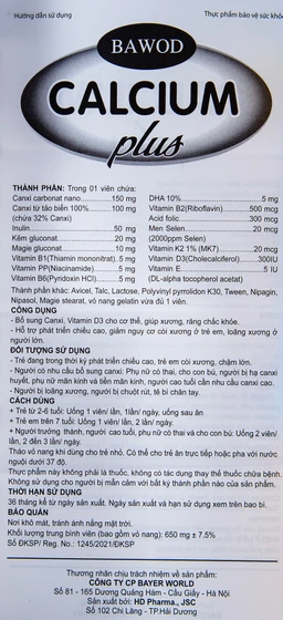 Viên uống giúp răng xương chắc khỏe, tăng chiều cao, giảm còi xương Bawod Calcium Plus (60 viên)