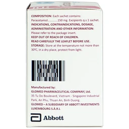 Bột Glotadol 150 Abbott hỗ trợ hạ sốt và giảm các cơn đau do cảm cúm (20 gói x 2g)