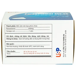 Thuốc Paracetamol 650mg US Pharma giảm đau, hạ sốt, giảm chứng nhức đầu, đau răng (10 vỉ x 10 viên)