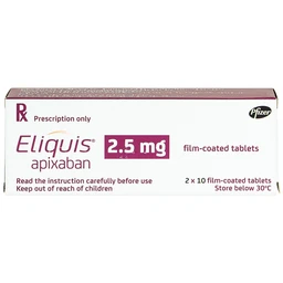 Thuốc Eliquis 2.5mg Pfizer phòng ngừa biến cố thuyên tắc huyết khối tĩnh mạch, đột quỵ (20 viên)