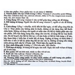 Viên uống bổ sung vitamin C, tăng cường sức đề kháng C 500mg Nature's Bounty (100 viên)