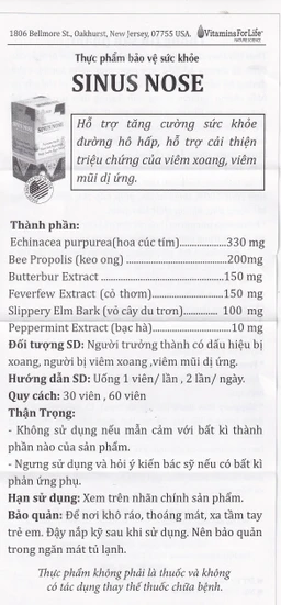 Viên uống hỗ trợ cải thiện viêm xoang, viêm mũi dị ứng Sinus Nose Vitamins For Life (30 viên)
