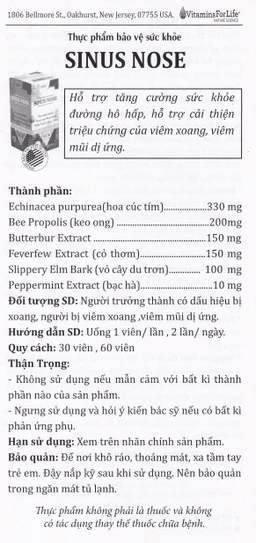 Viên uống hỗ trợ cải thiện viêm xoang, viêm mũi dị ứng, tăng cường sức khỏe đường hô hấp Sinus Nose Vitamins For Life (60 viên)