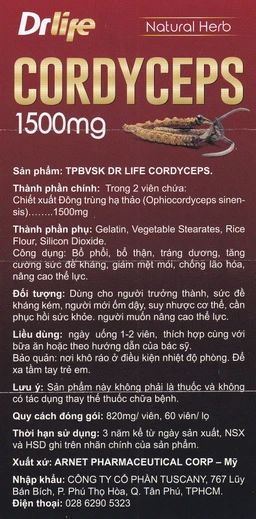 Viên uống Đông Trùng Hạ Thảo tăng cường sức đề kháng, giảm mệt mỏi DrLife Cordyceps 1500mg (60 viên)