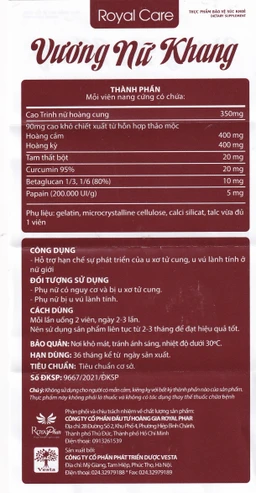 Viên uống hỗ trợ hạn chế sự phát triển u xơ tử cung, u vú lành tính ở nữ giới Vương Nữ Khang Royal Care (60 viên)