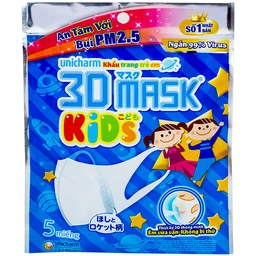 Khẩu trang trẻ em Unicharm 3D Mask Kids (5 cái) ngăn ngừa bụi mịn PM 2.5 (dùng cho trẻ từ 3 - 9 tuổi)