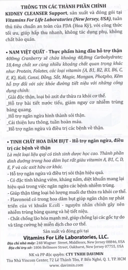 Viên uống bổ thận, hỗ trợ giảm nguy cơ viêm đường tiết niệu Kidney Cleanser Support Vitamins For Life (30 viên)