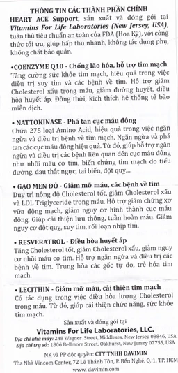 Viên uống hỗ trợ sức khỏe tim mạch, ổn định nhịp tim Heart Ace Support Vitamins For Life (30 viên)