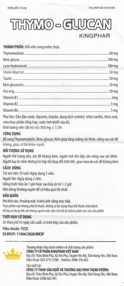 Viên uống nâng cao sức đề kháng giúp cơ thể khỏe mạnh Thymo-Glucan Kingphar (3 vỉ x 10 viên)