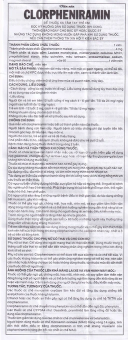Thuốc Clorpheniramin 4mg Khapharco điều trị triệu chứng viêm mũi dị ứng theo mùa, quanh năm và mày đay (10 vỉ x 20 viên)