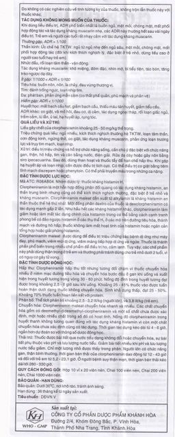 Thuốc Clorpheniramin 4mg Khapharco điều trị triệu chứng viêm mũi dị ứng theo mùa, quanh năm và mày đay (10 vỉ x 20 viên)