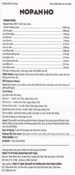 Siro giúp bổ phế, hạn chế ho nhiều, loãng đờm, giảm đau rát họng do ho Nopanho Kingphar (125ml)