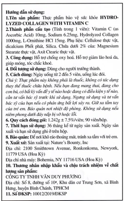 Viên uống giúp đẹp da, móng, tóc chắc khỏe, hỗ trợ chống oxy hoá Hydro-lyzed Collagen With Vitamin C Nature's Bounty (90 viên)