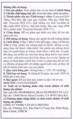 Viên uống hỗ trợ sức khỏe tim mạch, giảm cholesterol máu CoQ10 30mg Pharmekal (30 viên)