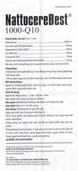 Viên uống hỗ trợ làm tan huyết khối giảm nguy cơ tai biến mạch máu não NattocereBest 1000-Q10 (3 vỉ x 10 viên)