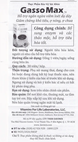 Viên uống bổ sung enzyme và các thảo mộc hỗ trợ tiêu hóa tốt Gasso Max Vitamins For Life (30 viên)