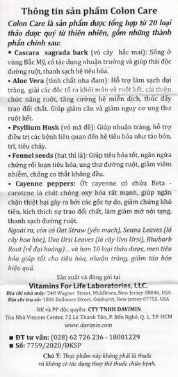 Viên uống giúp nhuận tràng, giảm táo bón, tốt cho tiêu hóa Colon Care Vitamins For Life (60 viên)