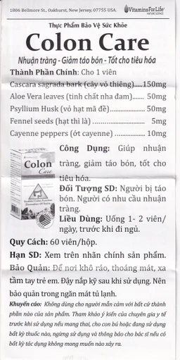 Viên uống giúp nhuận tràng, giảm táo bón, tốt cho tiêu hóa Colon Care Vitamins For Life (60 viên)