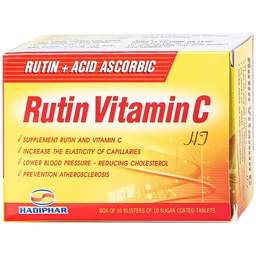 Thuốc Rutin Vitamin C Hadiphar tăng sức bền thành mao mạch, điều trị chứng giãn tĩnh mạch (10 vỉ x 10 viên)