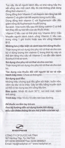 Thuốc Rutin Vitamin C Hadiphar tăng sức bền thành mao mạch, điều trị chứng giãn tĩnh mạch (10 vỉ x 10 viên)