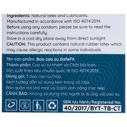 Bao cao su Safefit Comfortable S52 không mùi khó chịu, độ bền cao, khả năng co giãn tốt, chất bôi trơn (3 cái)