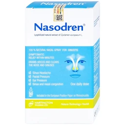 Xịt mũi xoang Nasodren Hartington 50mg giúp làm sạch mũi xoang, giảm triệu chứng viêm xoang cấp và mãn tính