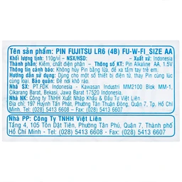 Pin Fujitsu Alkaline LR6 (4B) AA FU-W-FI (vỉ 4 viên) dùng cho các thiết bị điện tử