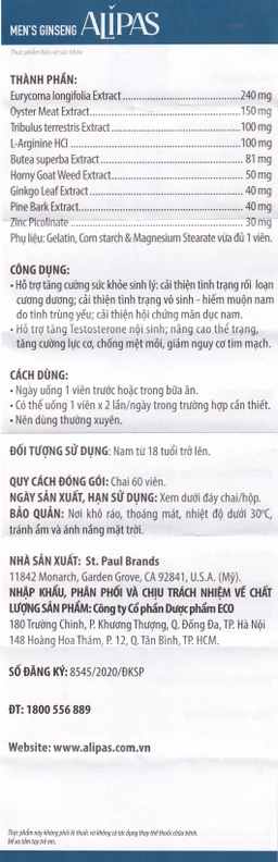 Viên uống tăng cường sinh lực phái mạnh Ecogreen Men’s Ginseng Alipas (60 viên)