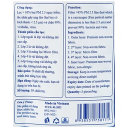 Khẩu trang 5 lớp Jomi 4D N95 màu trắng (5 cái) ngăn bụi mịn PM 2.5, ngăn ngừa 99% vi khuẩn