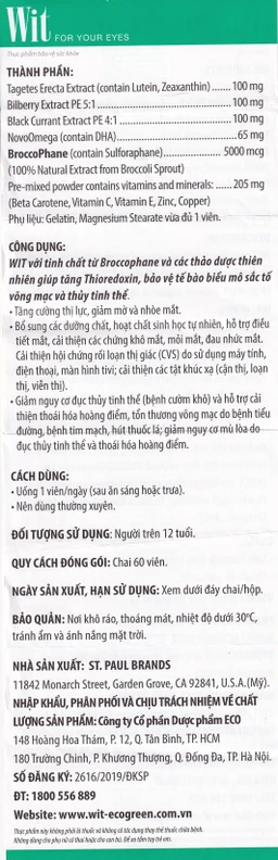 Viên uống tăng cường thị lực giảm mờ và nhòe mắt WIT For Your Eyes (60 viên)