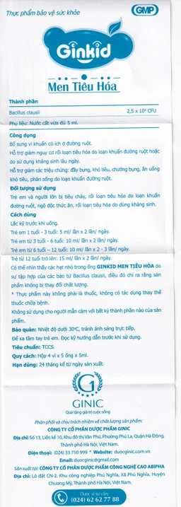 Men Tiêu Hoá Ginkid bổ sung lợi khuẩn, giảm đầy bụng, khó tiêu, chướng bụng (4 vỉ x 5 ống x 5ml)